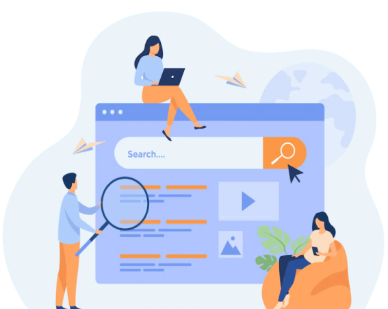 Image of three people and a search engine with results and a magnifying glass